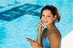 High angle view of a young woman talking on a mobile phone