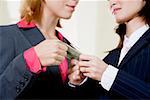 Mid section view of two businesswomen holding a dollar bill