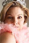 Portrait of Woman Wearing Tiara and Feather Boa