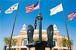 Low angle view of the flags in front of a building, Navy Pier, Chicago, Illinois, USA