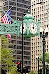 Low angle view of a clock, Chicago, Illinois, USA