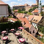 High angle view of table and chairs on the terrace of a building, Czech Republic