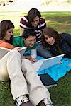 Young People Lying Down On Blanket in the Park with Computer