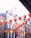 Straße Dekorationen für chinesische Neujahr, Chinatown, London, England