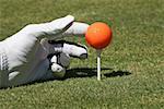 Close-up of a person's hand positioning a golf ball on a golf tee