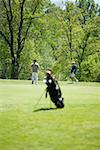 Two men walking on a golf course