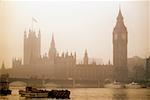 Foggy view of Big Ben and Parliament in London, England