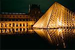 Illuminated Louvre Museum at night, Paris, France