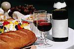 Close up of Burgundy wine and French bread arranged on a table, France