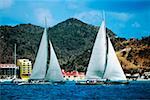 Zwei Segelboote werden gesehen, die Teilnahme an der Heiniken Regatta auf der holländischen Seite der Insel von St. Maarten in der