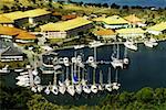 A fleet of ships anchored at a harbor, St. Maarten, Caribbean.