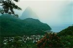 The Grand Piton on the island of St. Lucia is shrouded in mist