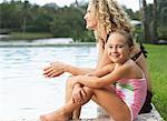 Mother and Daughter Sitting by Pool Side