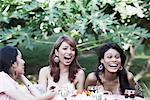 Two young women and a teenage girl sitting at a table and laughing