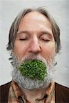 Man with Green Vegetable in Mouth