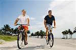 Two young men cycling on the road