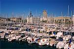 Yacht anchored in a harbor, Barcelona, Catalonia, Spain