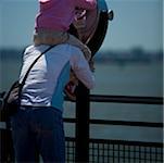 Rear view of two people near coin operated binoculars, New York City, New York State, USA