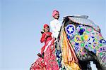 Low angle view of a young man and a senior man riding an elephant, Elephant Festival, Jaipur, Rajasthan, India