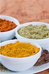 Close-up of spices in three bowls