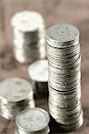 High angle view of stacks of Indian coins