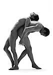 Nude man and woman back to back, man bending forward, woman bending backwards, b&w