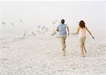 Couple running on beach toward scattering seagulls