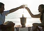 Young couple clinking champagne glasses on beach