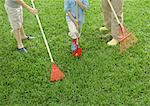 Adult and two children standing in yard with rakes and shovel, low section