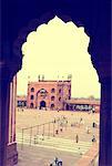 High angle view of a group of people in the courtyard of a mosque, Jama Masjid, New Delhi, India