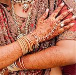 Mid section view of a bride in traditional wedding dress