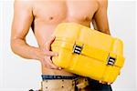 Mid section view of a man holding a toolbox