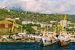 Bateaux à quai dans un port, Petropavlovsk-Kamtchatski, Kamchatka, Russie