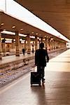 Rear view of a man pulling luggage at a railroad station platform, Rome, Italy