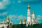 Low angle view of golden cupolas, Bell Tower of Ivan The Great, Moscow, Russia