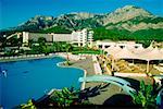 High angle view  of a swimming pool at a tourist resort, Mirage Park Hotel Resort, Antalya, Turkey