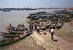 High angle view of rowboats moored in a river, Irrawaddy River, Yangon, Myanmar