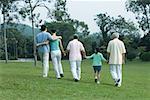 Three generation family walking in park, rear view