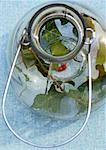 Ivy leaves and berries in glass lantern