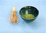 Bowl of macha tea powder and tea whisk