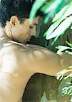 Barechested man hugging tree, rear view