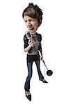 Une caricature d'une jeune femme chanter dans un microphone