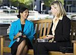 Two businesswomen sitting on a bench and talking