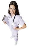 High angle view of a female nurse holding a clipboard