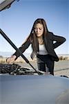 Femme réparation vérifier son moteur de voiture