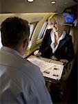 Businesswoman and a businessman having a meeting on an airplane