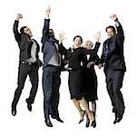 Group of five businesspeople leaping