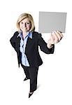 High angle view of a businesswoman holding a blank sign