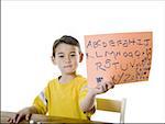 Portrait of a boy showing alphabets on a blank sign