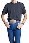 Midsection of slender young man wearing a big belt buckle